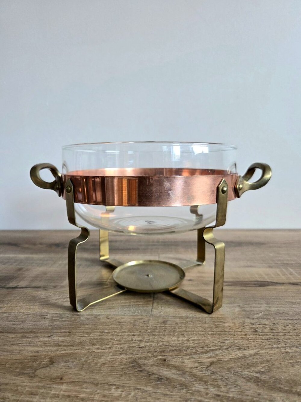 Nilsjohan Sweden vintage 1960s Punch Glass Bowl Brass Copper Stand